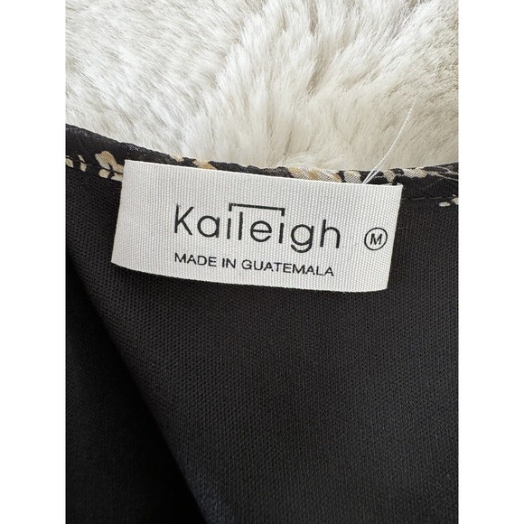 Kaileigh women black Tan Floral Short Sleeve Blouse Keyhole Neck Office Career M - Picture 6 of 8